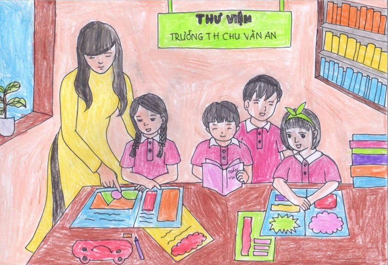 tranh vẽ học sinh đọc sách trong thư viện