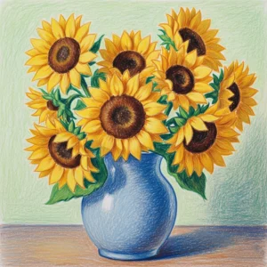tranh vẽ lọ hoa hướng dương bằng màu sáp