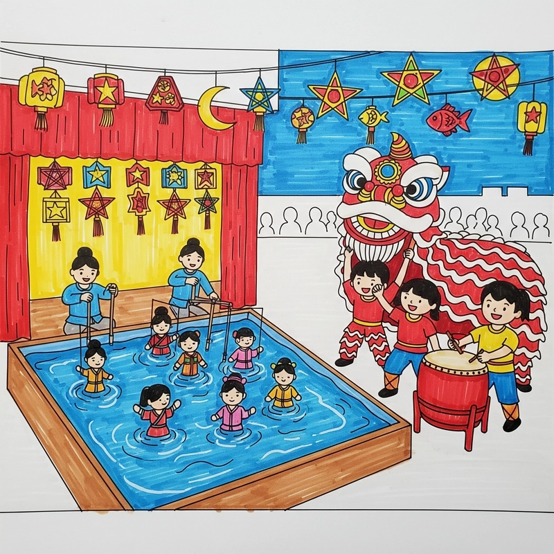 tranh chủ đề rối nước dân gian 