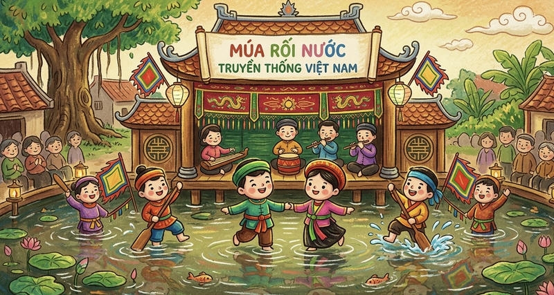 tranh vẽ múa rối nước truyền thống Việt Nam