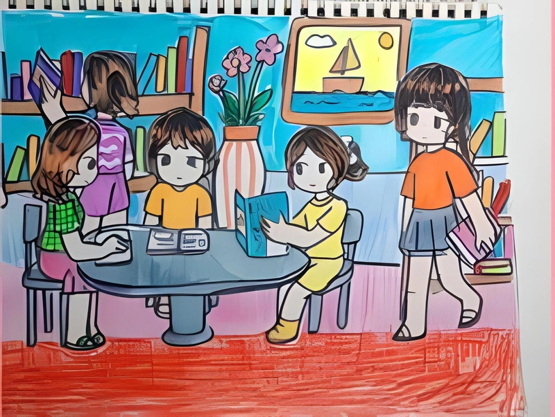 tranh vẽ mượn sách ở thư viện