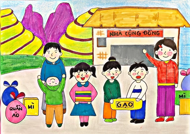 tranh vẽ phát cơm từ thiện