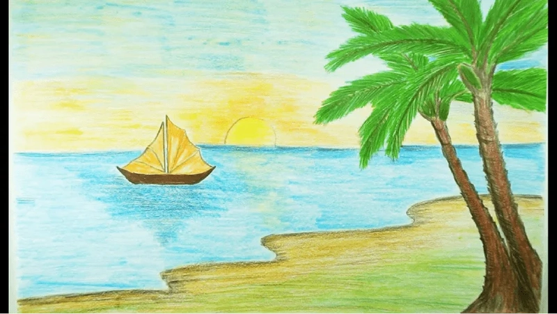 tranh vẽ phong cảnh biển với núi và mây