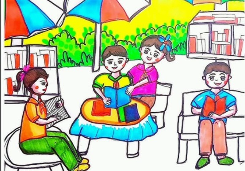 tranh vẽ thư viện ngoài trời