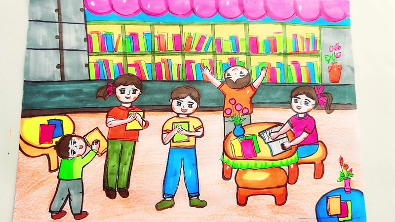 tranh vẽ thư viện trường em chibi