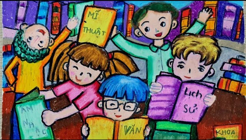 tranh vẽ thư viện trường mầm non