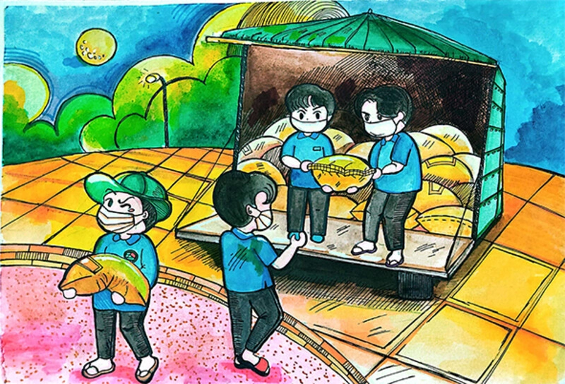tranh vẽ tình nguyện viên phát quà
