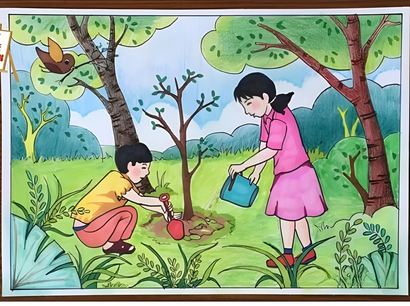 tranh vẽ trồng cây trong sân trường