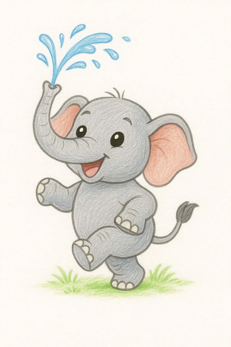 tranh vẽ voi con phun nước