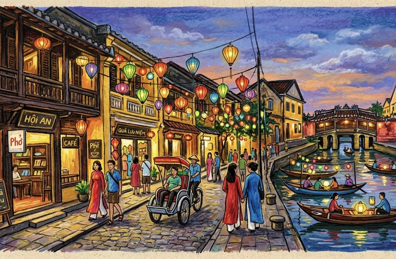 vẽ tranh Hội An về đêm đẹp và ấn tượng