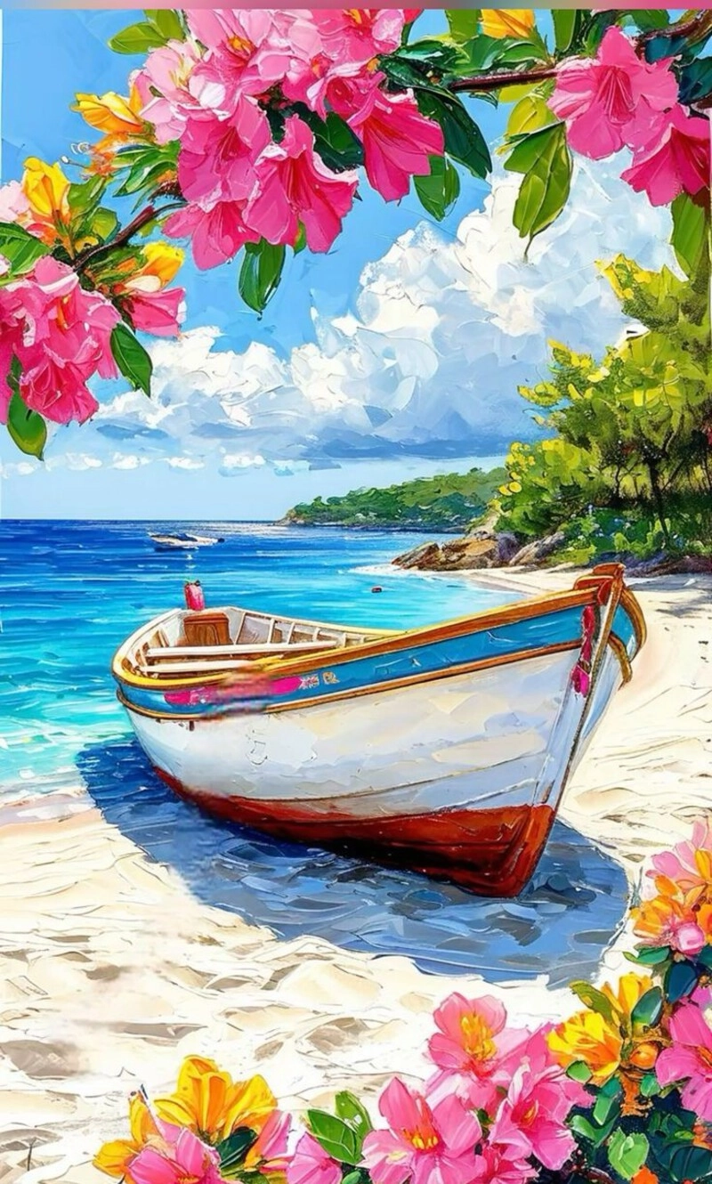 vẽ tranh biển đẹp với sóng vỗ và hàng dừa