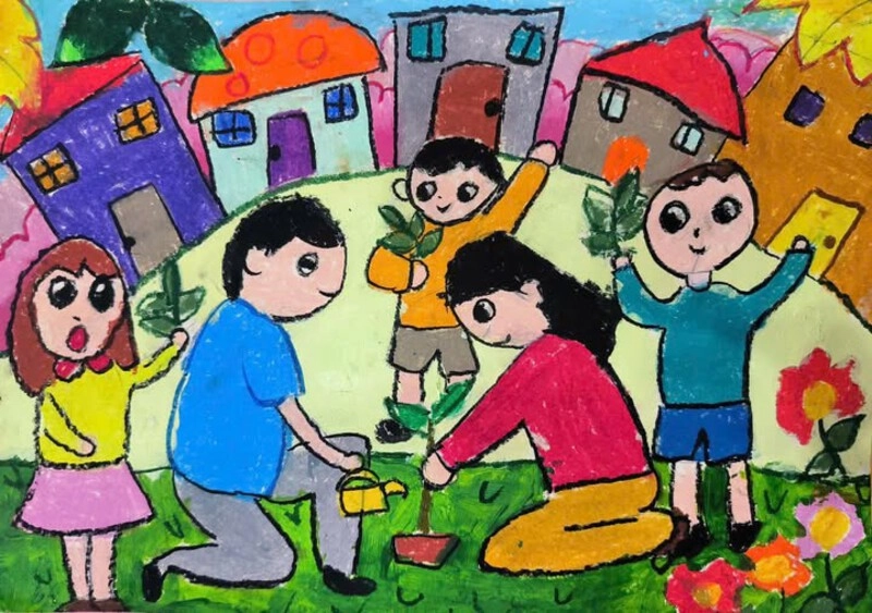 vẽ tranh đô thị xanh hạnh phúc đầy màu sắc 