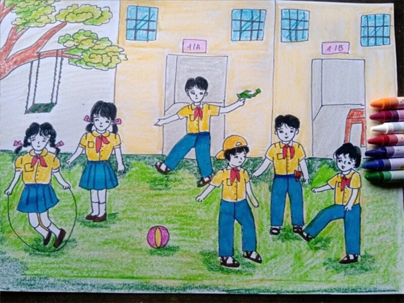 vẽ tranh đô thị xanh hạnh phúc có xe đạp 