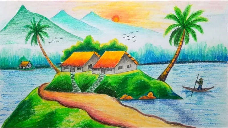 vẽ tranh làng quê đẹp đơn giản 