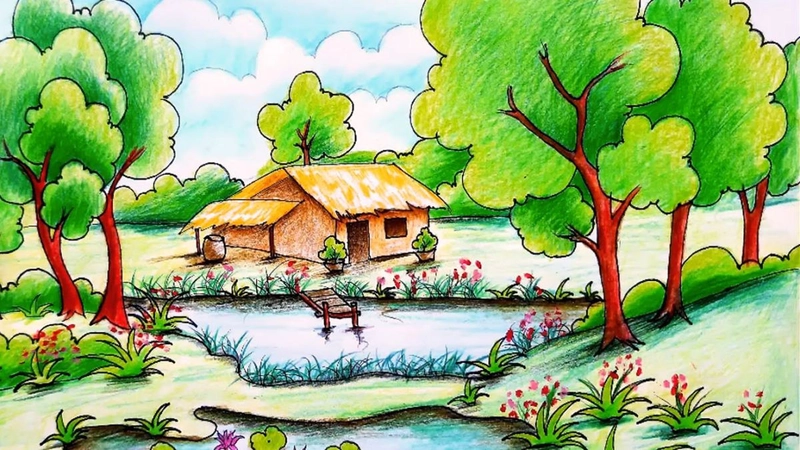 tranh vẽ làng quê việt nam đơn giản cho bé 
