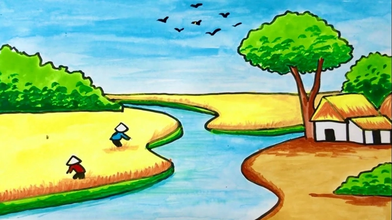 vẽ tranh làng quê đơn giản mà đẹp ý nghĩa 