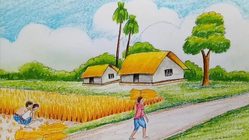 vẽ tranh phong cảnh làng quê đơn giản cấp 2 