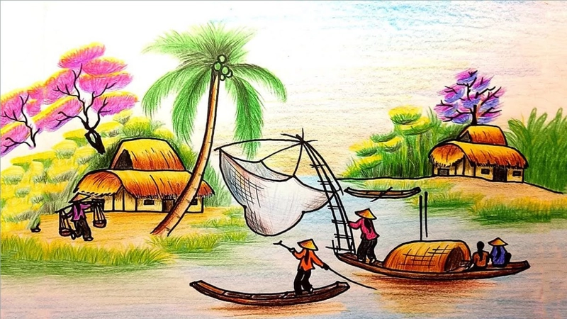 đề tài vẽ tranh phong cảnh làng quê mùa gặt 