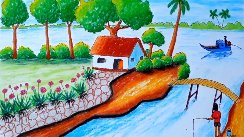 tranh vẽ làng quê việt nam đơn giản bằng sáp màu 