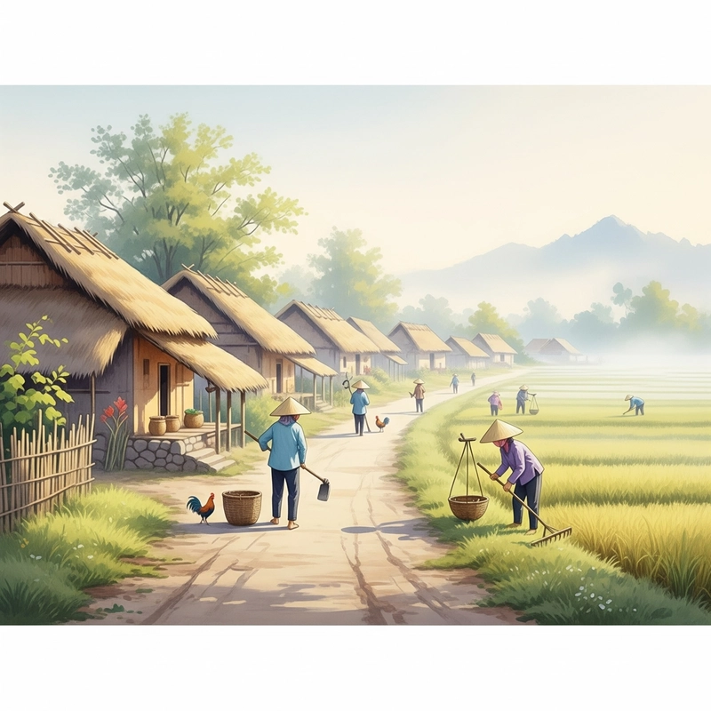 vẽ tranh phong cảnh làng quê đơn giản chủ đề quê hương 