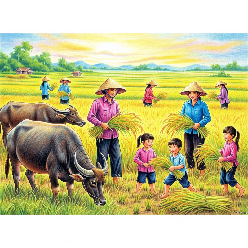 vẽ tranh phong cảnh làng quê có đồng lúa và trâu 