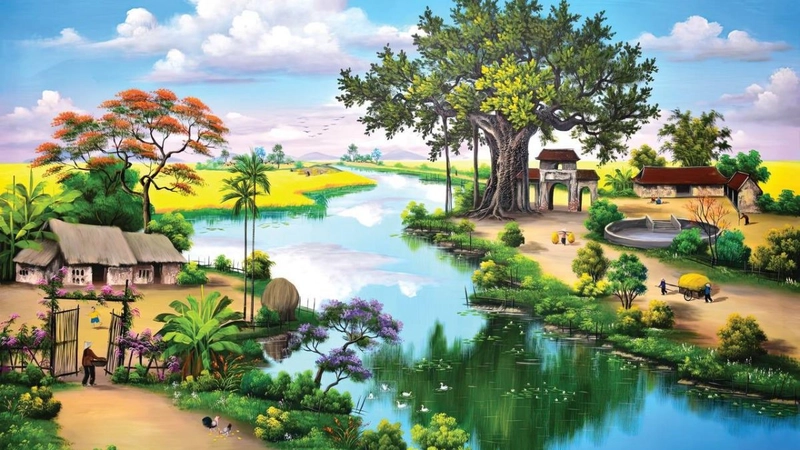 vẽ tranh làng quê đơn giản mà đẹp dễ vẽ 