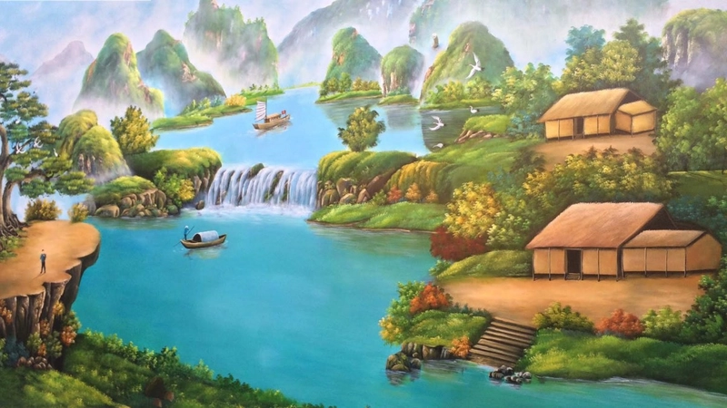tranh vẽ làng quê việt nam đơn giản bằng màu sáp 