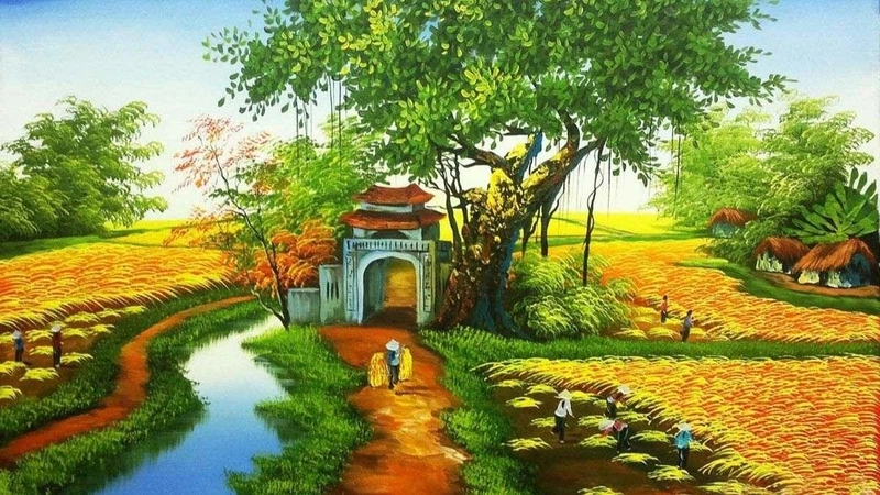 vẽ tranh làng quê đơn giản có cảnh hoàng hôn 