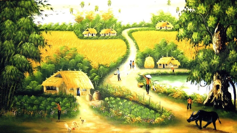 vẽ tranh làng quê với ánh nắng ban mai 