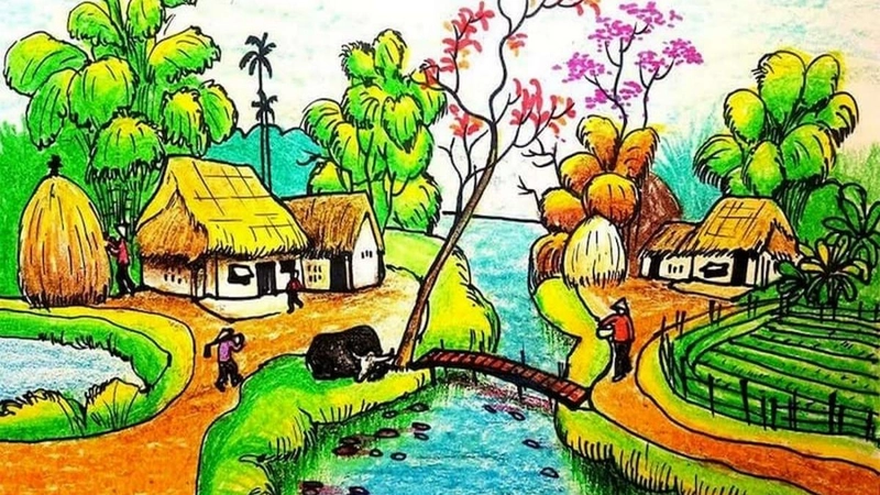 vẽ tranh làng quê đơn giản mà đẹp sáng tạo 