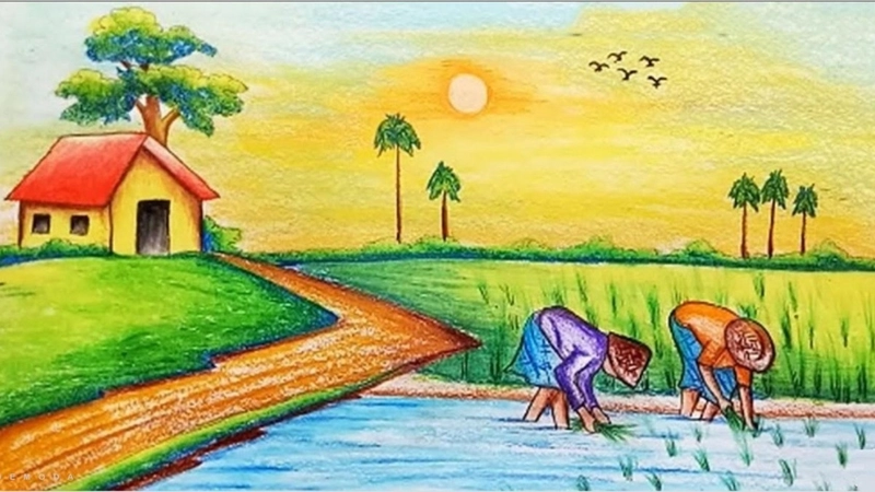 vẽ tranh phong cảnh làng quê đơn giản lớp 7 