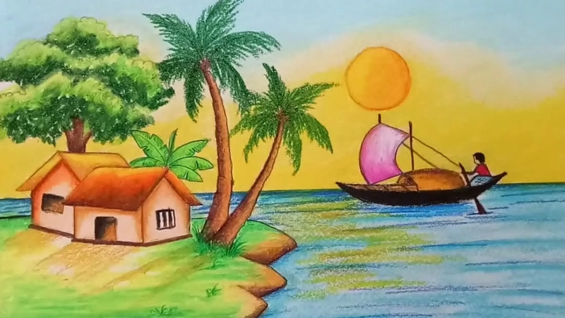 vẽ tranh làng quê bằng màu sáp 