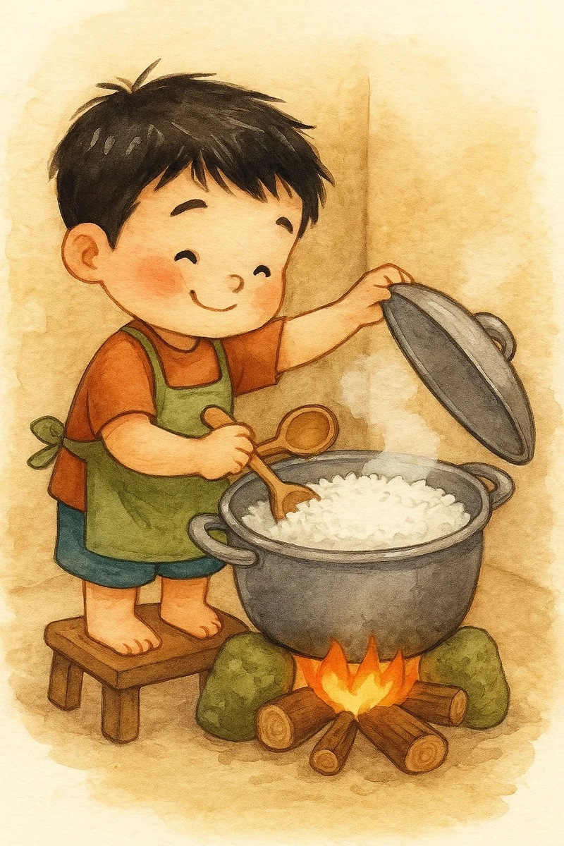 vẽ tranh màu sáp bạn nhỏ đang nấu cơm