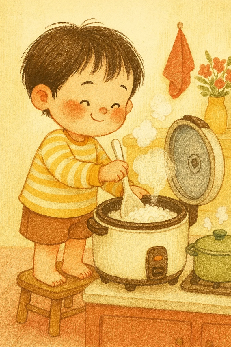 vẽ tranh màu sáp bạn nhỏ đang nấu