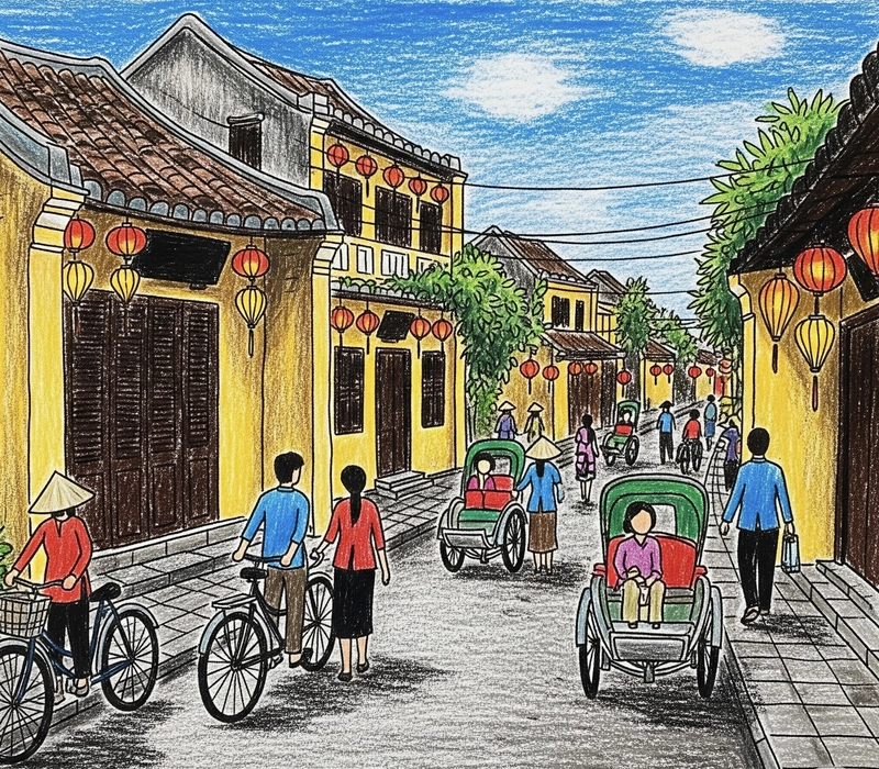 vẽ tranh phố cổ hội an đẹp