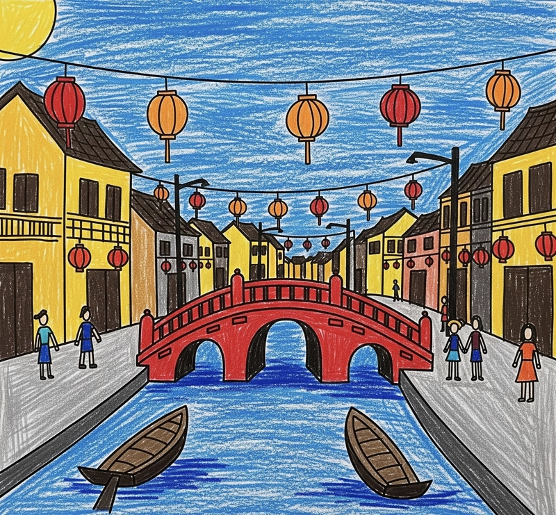 vẽ tranh phố cổ hội an đơn giản
