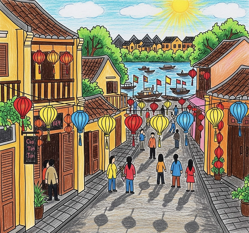 vẽ tranh phố cổ hội an đông đúc