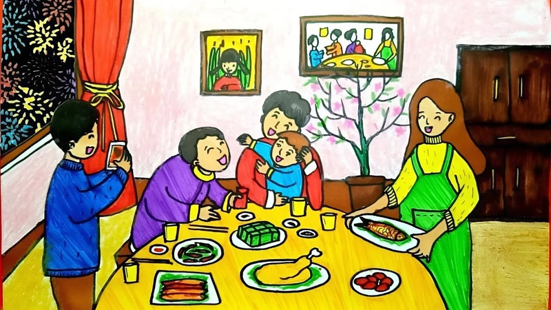 vẽ tranh về sum họp gia đình nhẹ nhàng 