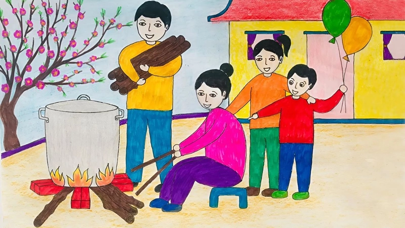 vẽ tranh chủ đề sum họp gia đình dễ thực hiện 