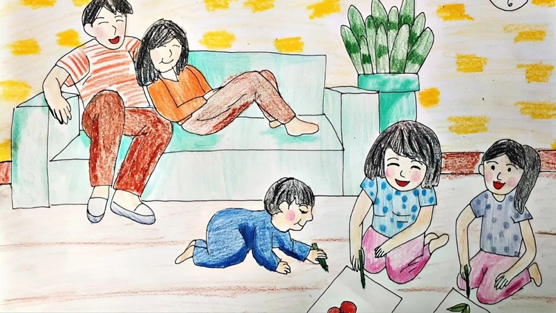 vẽ tranh gia đình sum họp đơn sơ 