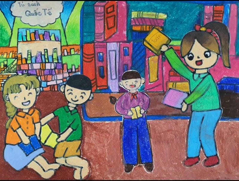 vẽ tranh thư viện trường em phong cảnh trong lớp