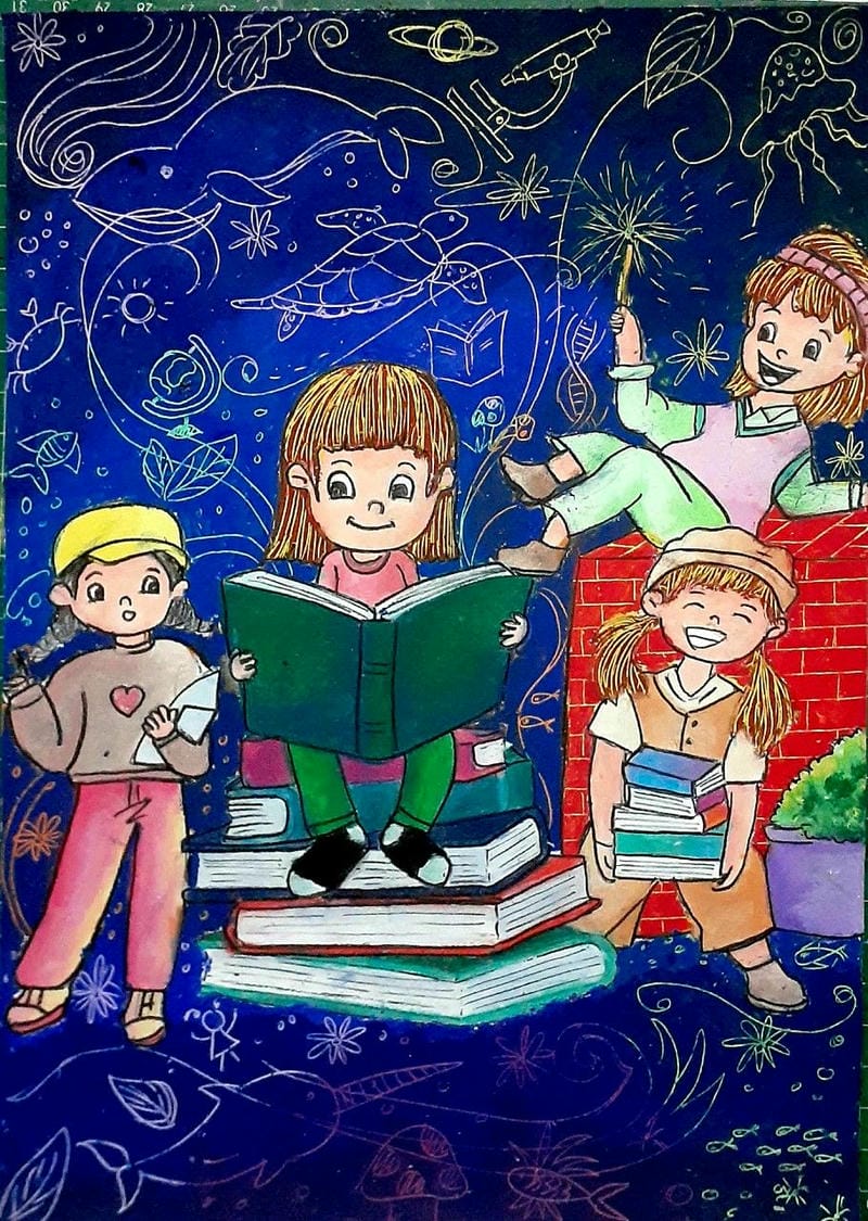 vẽ tranh thư viện trường em trong giờ học