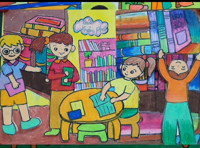 ý tưởng vẽ tranh thư viện trường em đơn giản
