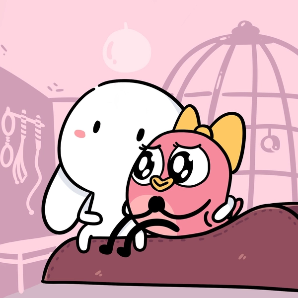 Meme Thỏ bảy ngồi trên giường cùng cô bạn màu hồng