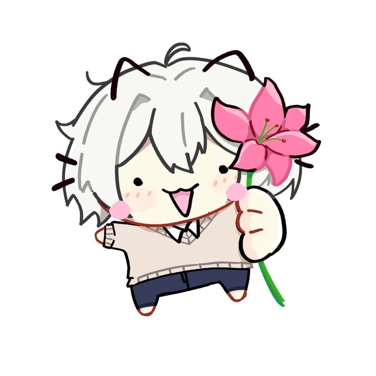 Meme tặng hoa chibi nam cười tươi cầm bông hoa hồng