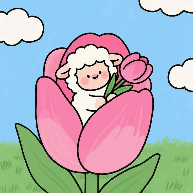 Meme tặng hoa cừu nhỏ nằm trong bông tulip hồng đẹp