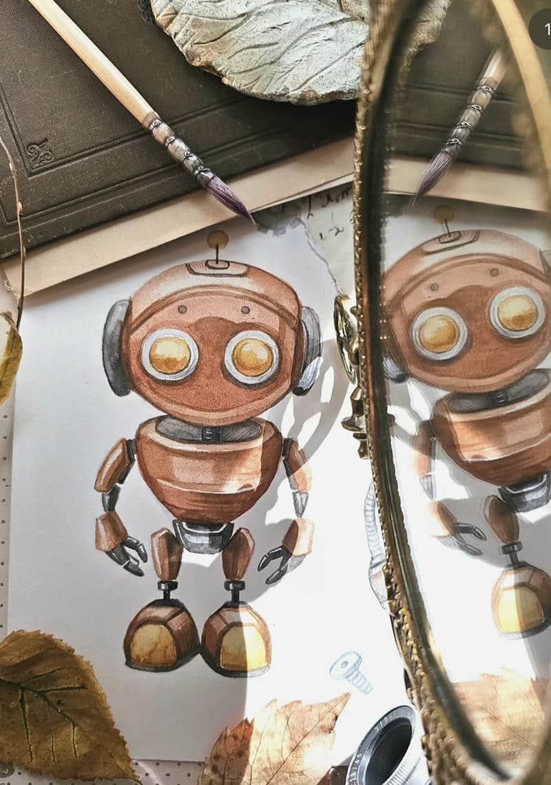 Vẽ tranh robot cổ điển màu nâu