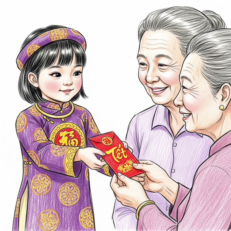 gia đình ngày tết tranh vẽ mừng tuổi