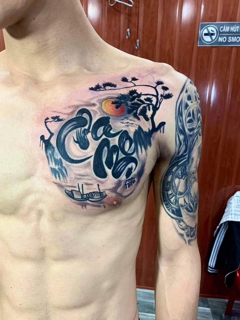 hình xăm cha mẹ thư pháp