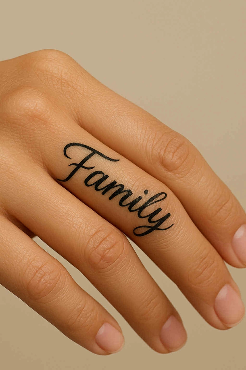 hình xăm chữ family ở ngón tay